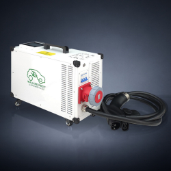 Chargeur mobile DC 40 kW JUPITER wallgreenbox avec connecteur CCS2, poignée de transport et bouton de charge rapide en façade